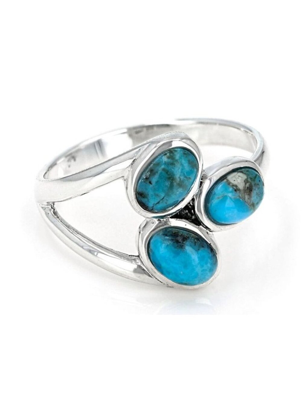 Oval Blue Turquoise Three Stone Ring Sterling Silver Size 6 - Picture 2 of 12